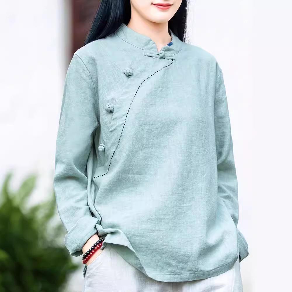 Женская рубашка из хлопка и льна в стиле ретро с длинным рукавом: Воротник-стойка/косой, свободный облегающий крой для весны, лета, осени