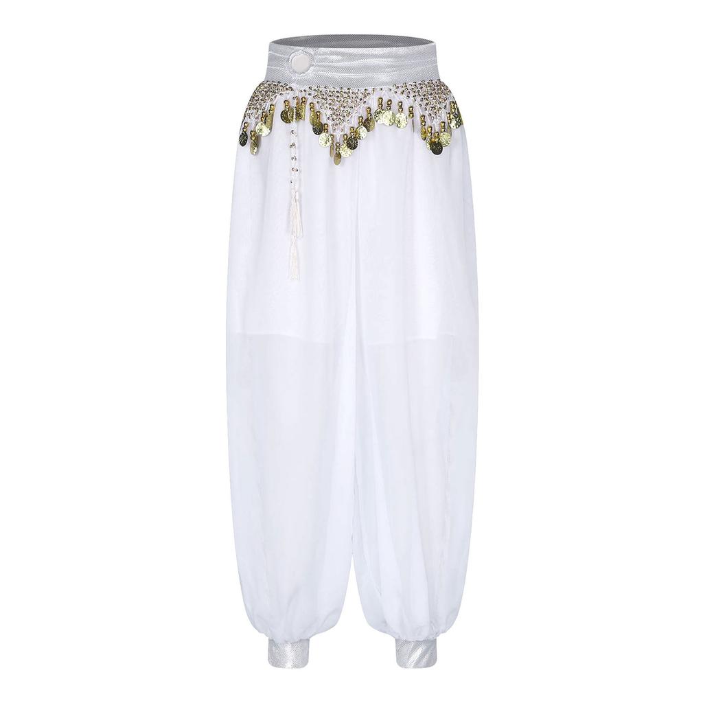 Womens Belly Dance Costume Chiffon Bloomers Plastic Beads Tassels Metallic Ruched Waistband Side Split Pants