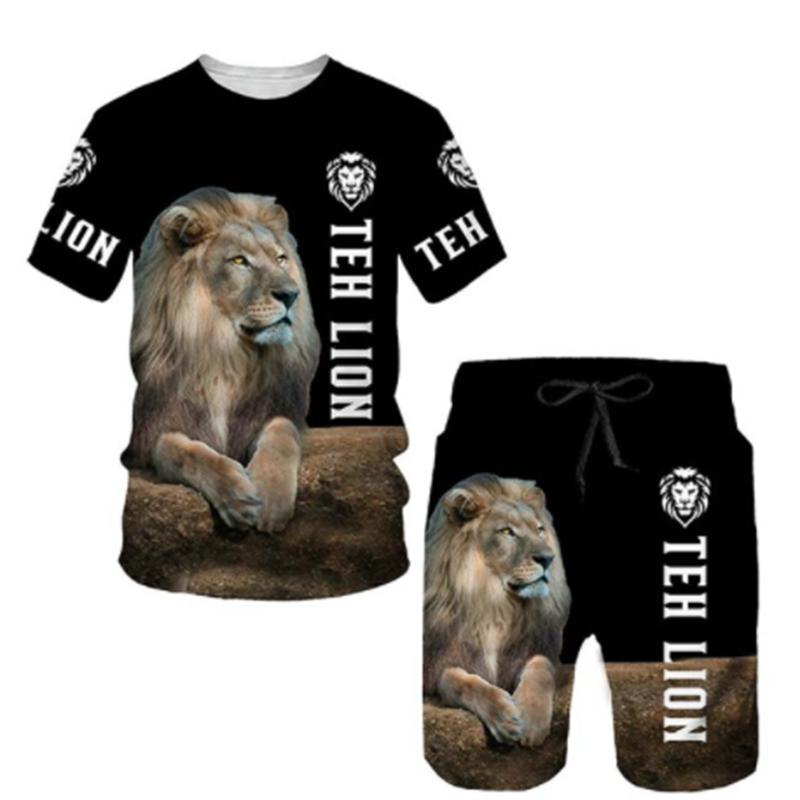 Летняя мужская футболка с 3D принтом и шорты, комплект свирепого льва, мужская спортивная одежда, спортивный костюм с круглым вырезом и коротким рукавом, классная мужская одежда