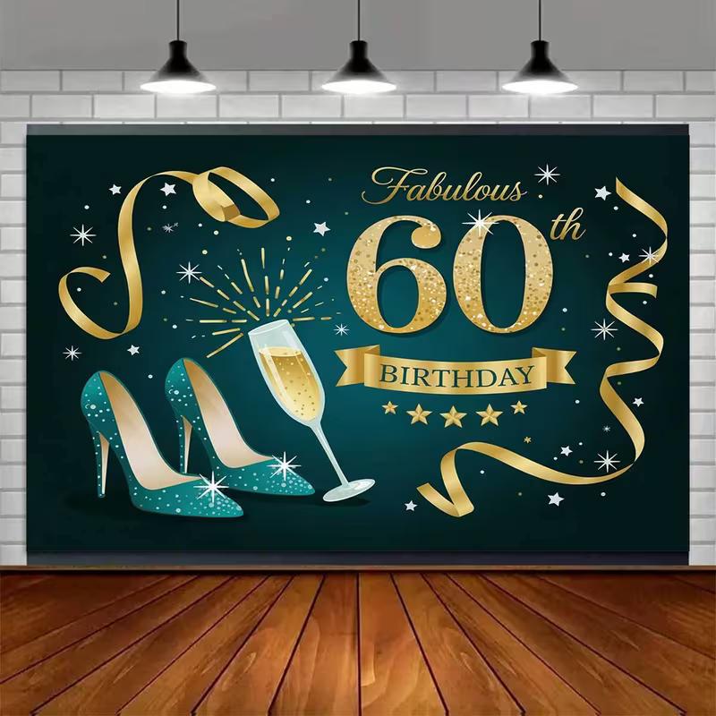 2D "Fabulous 60th Birthday" Backdrop Teal Gold High Heels & Champagne Photography Background Cloth