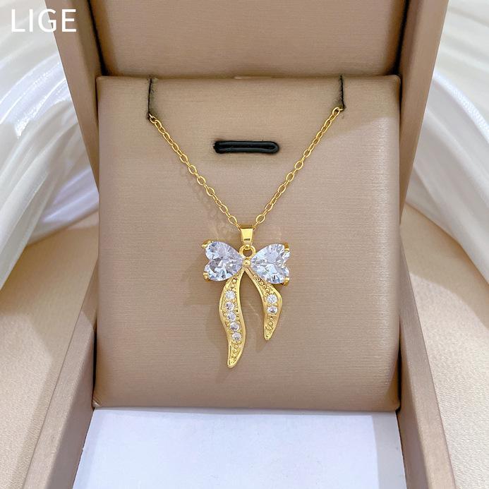 Bow Love Full Diamond Light Luxury Temperament Gorgeous Full Diamond Necklace Female Versatile Collarbone Chain Titanium Steel