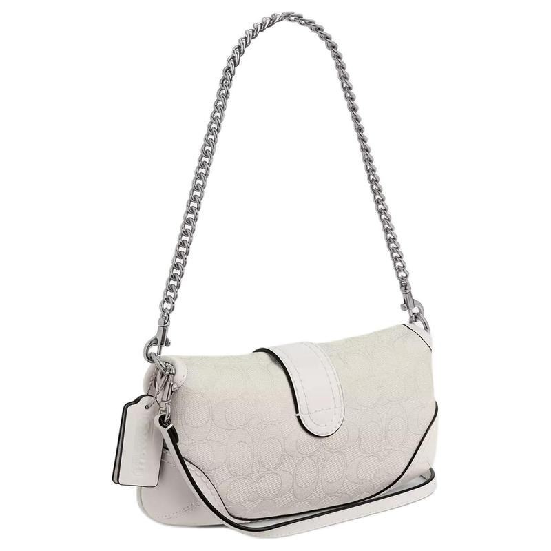 Coach Сумка Soho flap 25 классическая на цепочке для дальнозорких, плечевой ремень, покрытый холст и коровья кожа, женская, средняя, белая