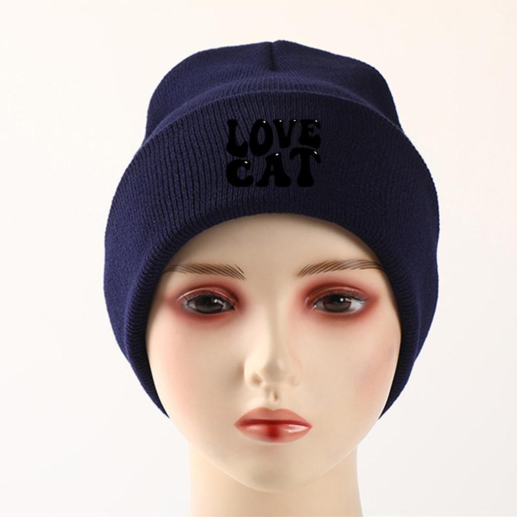 LOVE CAT" Print Knit Cap Beanie, Animal Man Cap Windproof Candy Color Trendy Pompom Beanies Knitted Hat Beanie