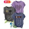 Three-piece set Elegant short-sleeved shirt for women Leopard print, zebra print“AMAZING”+ Wild love + Love and Peace Printed Round Neck Women's
