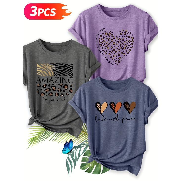 Three-piece set Elegant short-sleeved shirt for women Leopard print, zebra print“AMAZING”+ Wild love + Love and Peace Printed Round Neck Women's