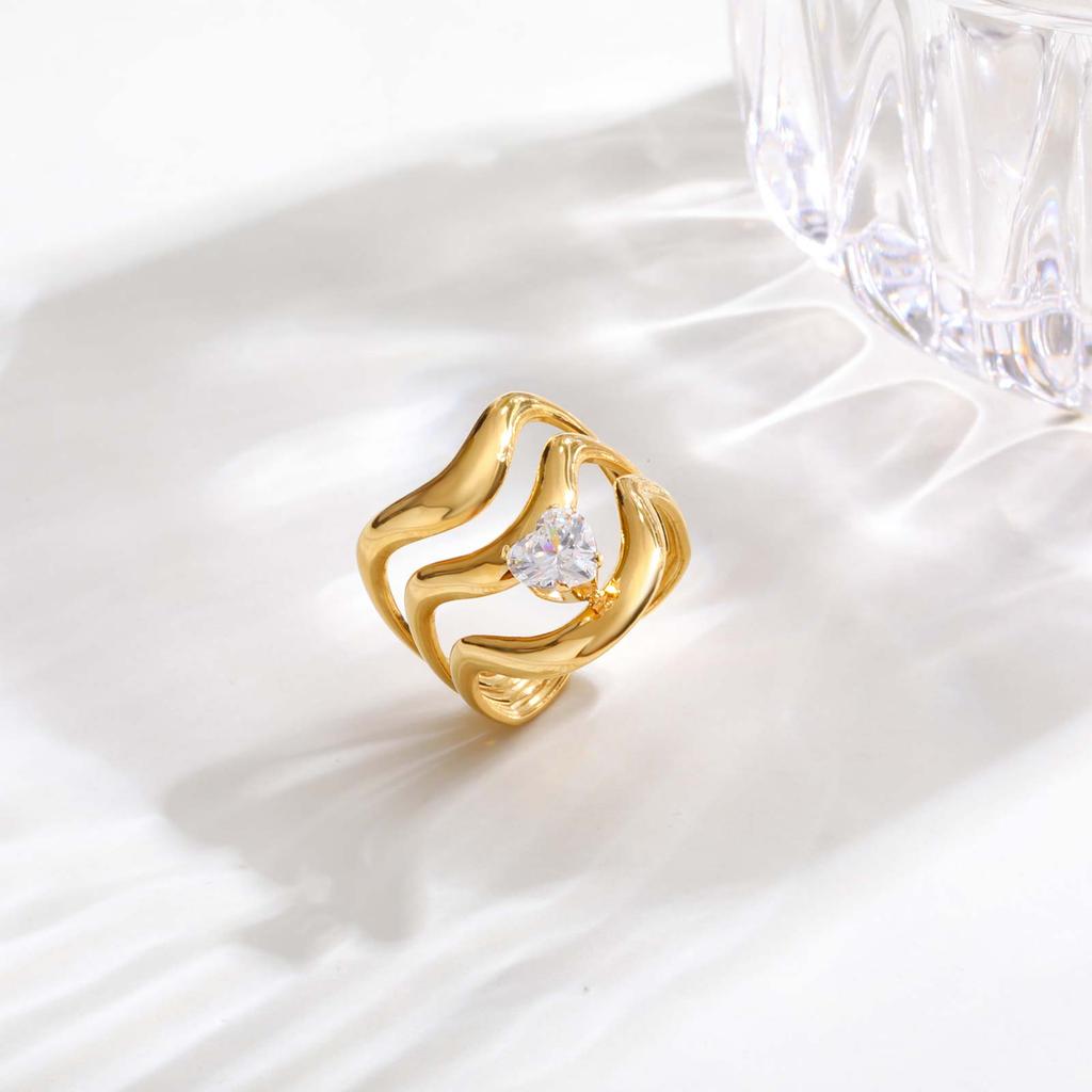 Cubic Zircon Irregular Hollow Opening Ring for Women, Geometric Twist Lines Stainless Steel Ring, Fashion Waterproof Jewelry