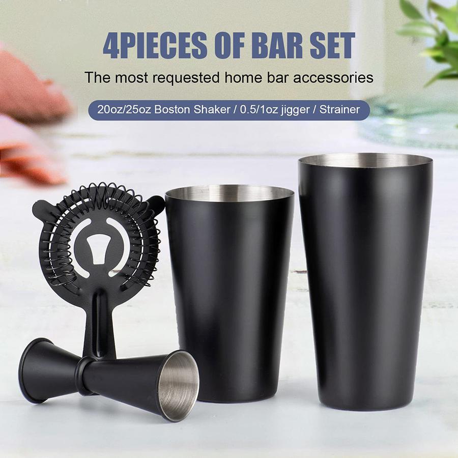 Boston Cocktail Shaker Set 4-Piece Boston Shaker Tins Bartender Kit Mixed Drink Shaker Cocktail Strainer Double Measuring Jigger