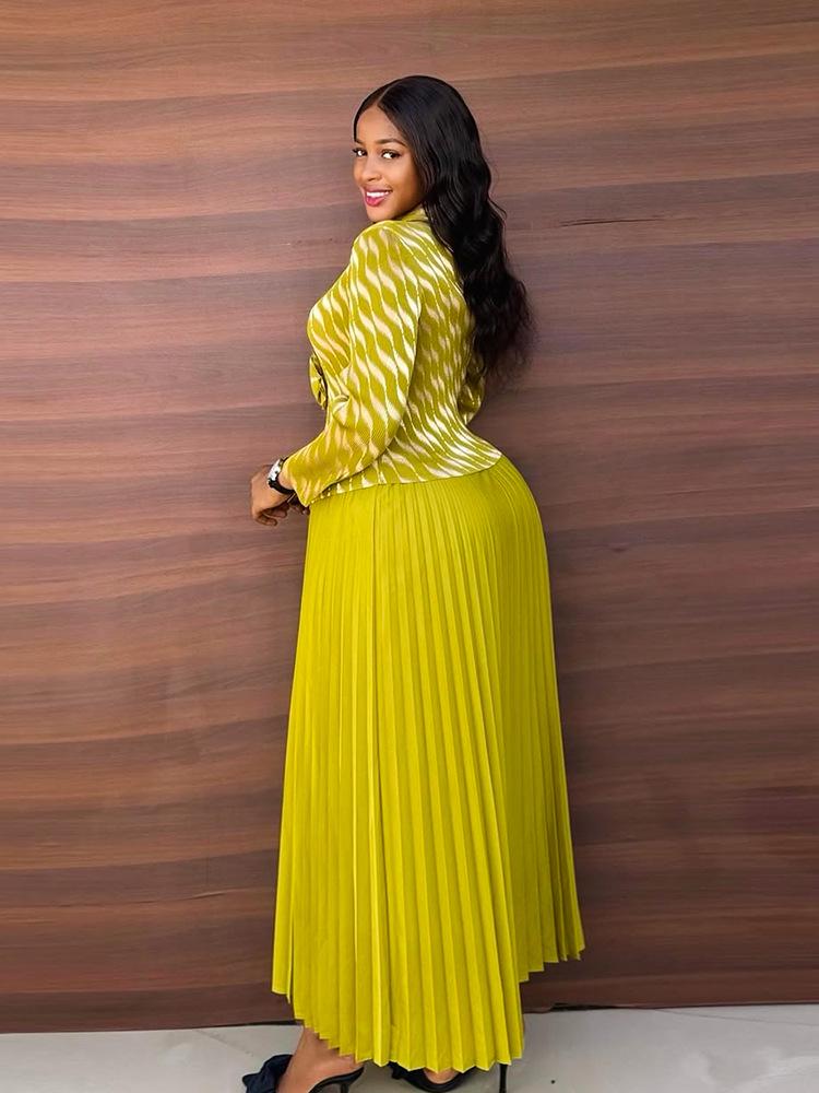 Женское платье большого размера с плиссировкой и принтом золотой фольгой высокого класса, с длинной юбкой, имитирующей двойку - Повседневный стиль