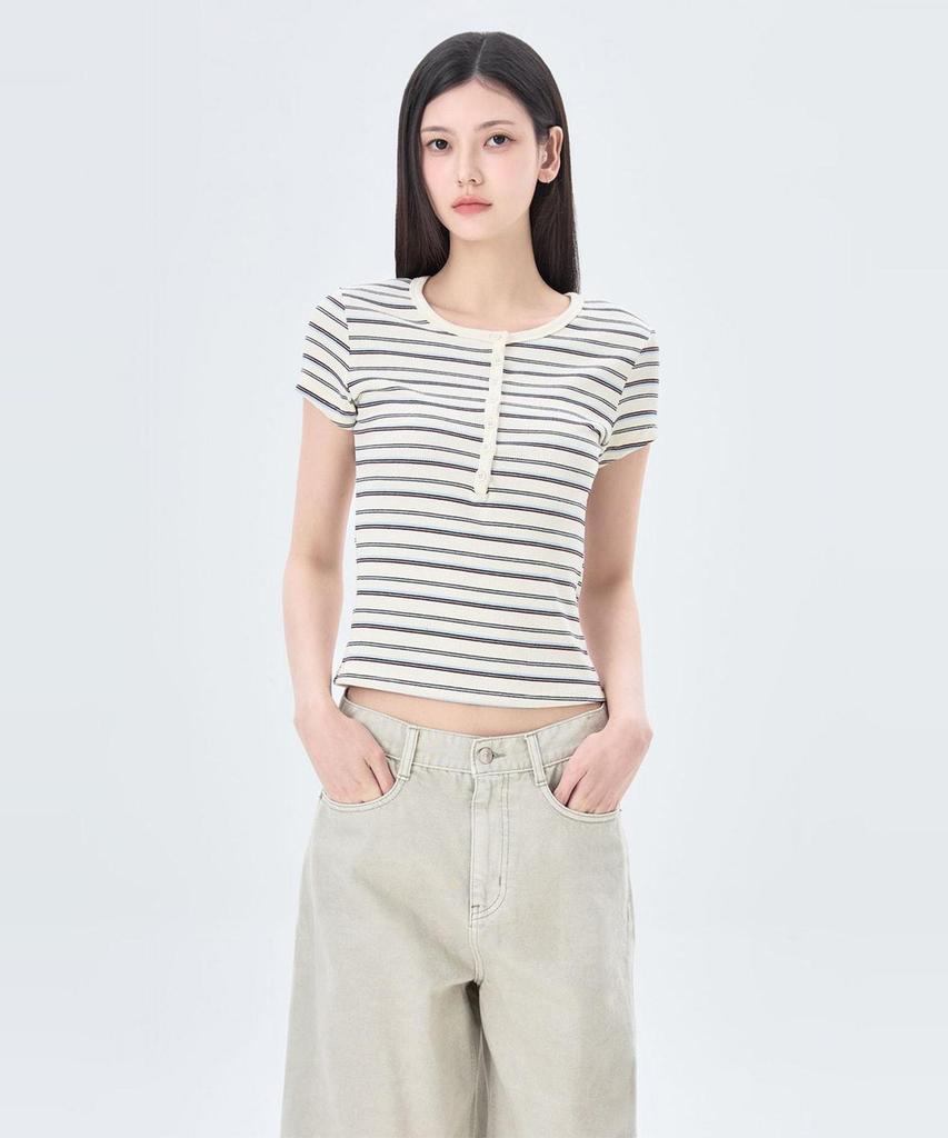 MIXXO Striped Button-Up Short Sleeve T-Shirt_Miwhwg95Ss