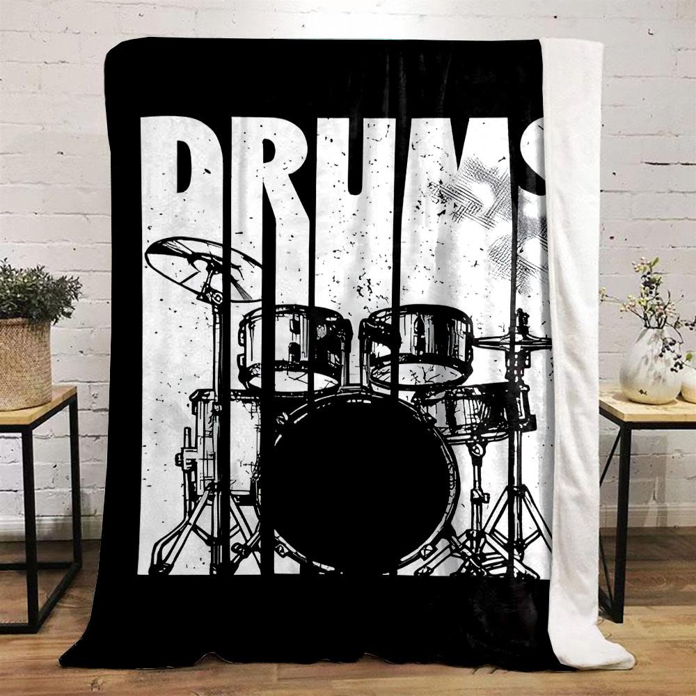Drum Set Graphic with "Drums" Text Patterned flannel blanket perfect for the bedroom living room, sofa, or a little nap
