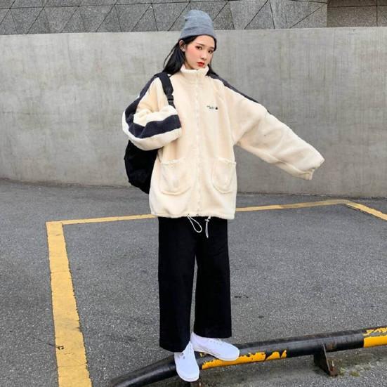 Зимнее женское пальто с воротником-стойкой, длинными рукавами, карманами, вышивкой, застежкой-молнией, цветные блоки, плотный флис, свободная спортивная повседневная куртка для повседневной носки