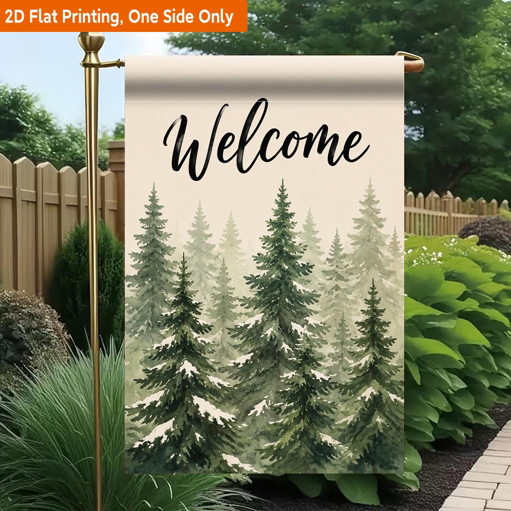 2D Flat, 2D Flat Printing Garden Flag 1pc, Welcome Winter Forest Painting Durable Single-Sided Print Yard Flag, Garden & Home Holiday Decoration, 29.9