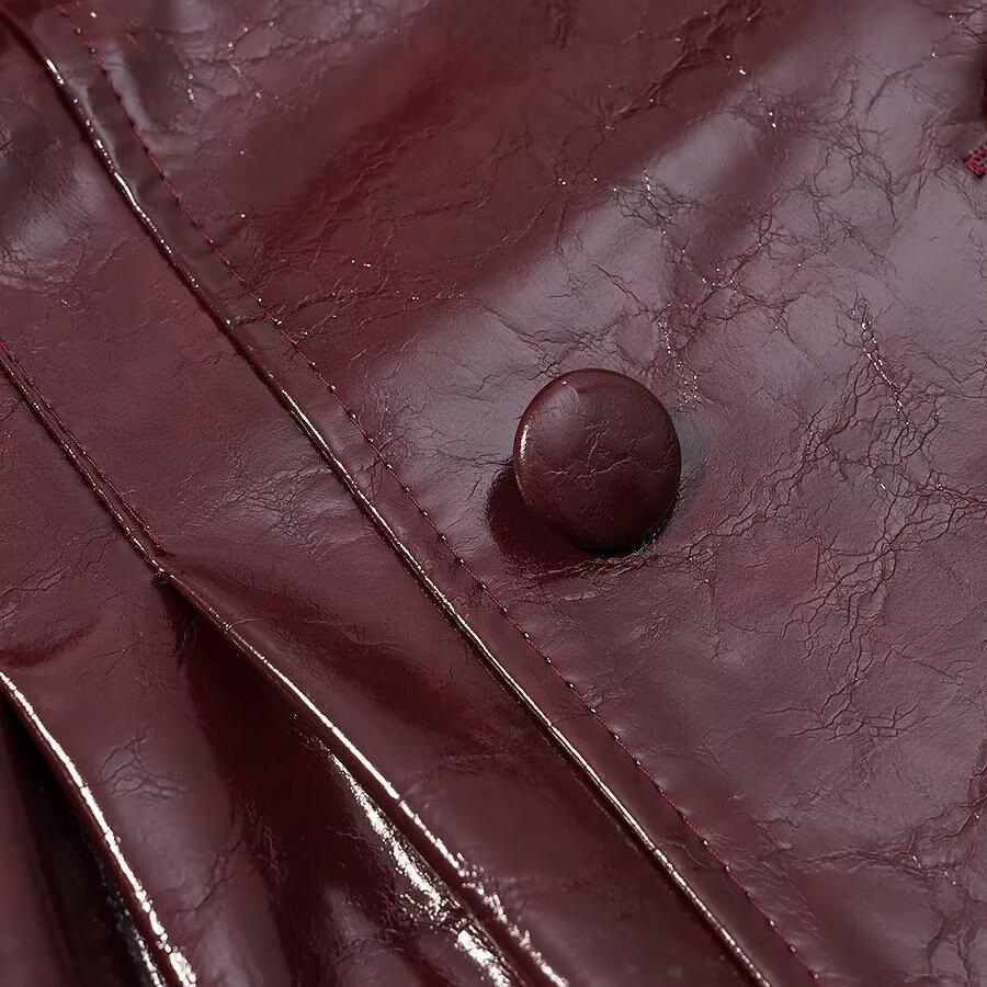 Women's Street Style Leather Suit: Double-breasted Waist-cinching Jacket & A-line Skirt Set