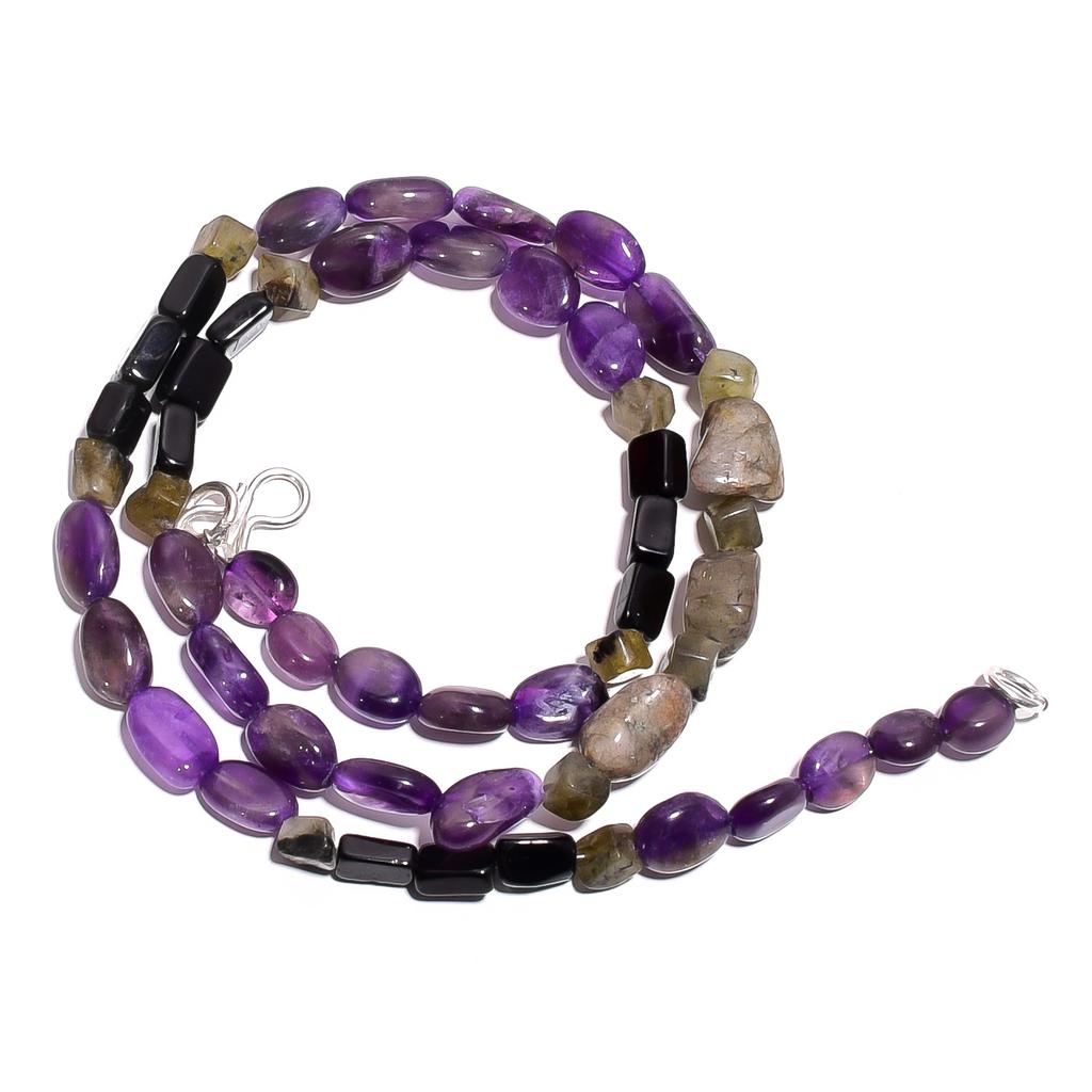 Natural Labradorite Amethyst Black Onyx Gemstone Beads Necklace 17" UB-5118 UB-5118