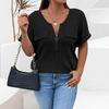 Spring Summer New Solid Color Women's Top Zip Short Sleeve Faux Pocket Pullover T-shirt Loose