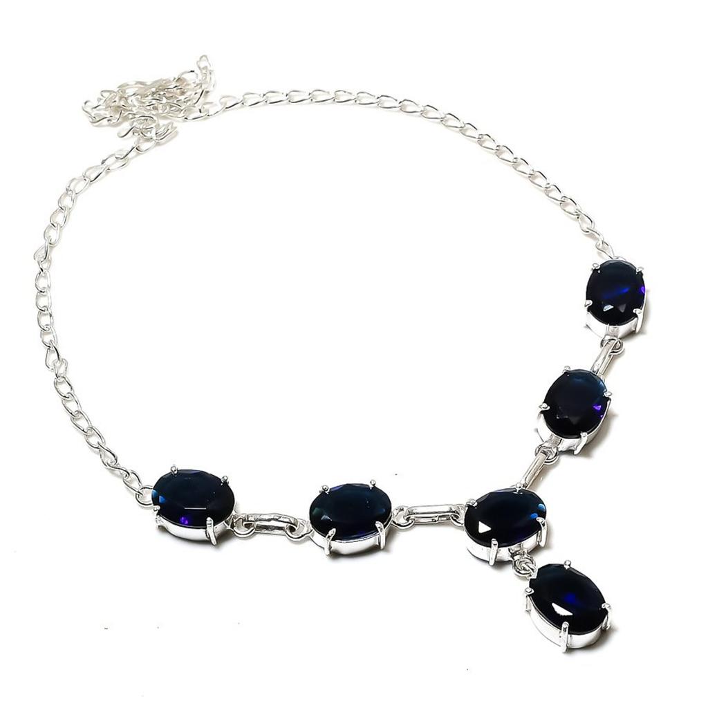 Lab Created Iolite Necklace 18" Chain Silver Finish Oval Cut Gemstone Jewelry