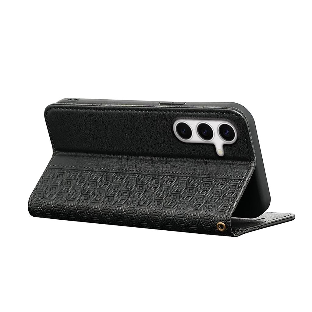 For Samsung Galaxy S24 FE Wallet Phone Case Strong Magnetic Checkered Pattern Imprint Leather Flip Cover