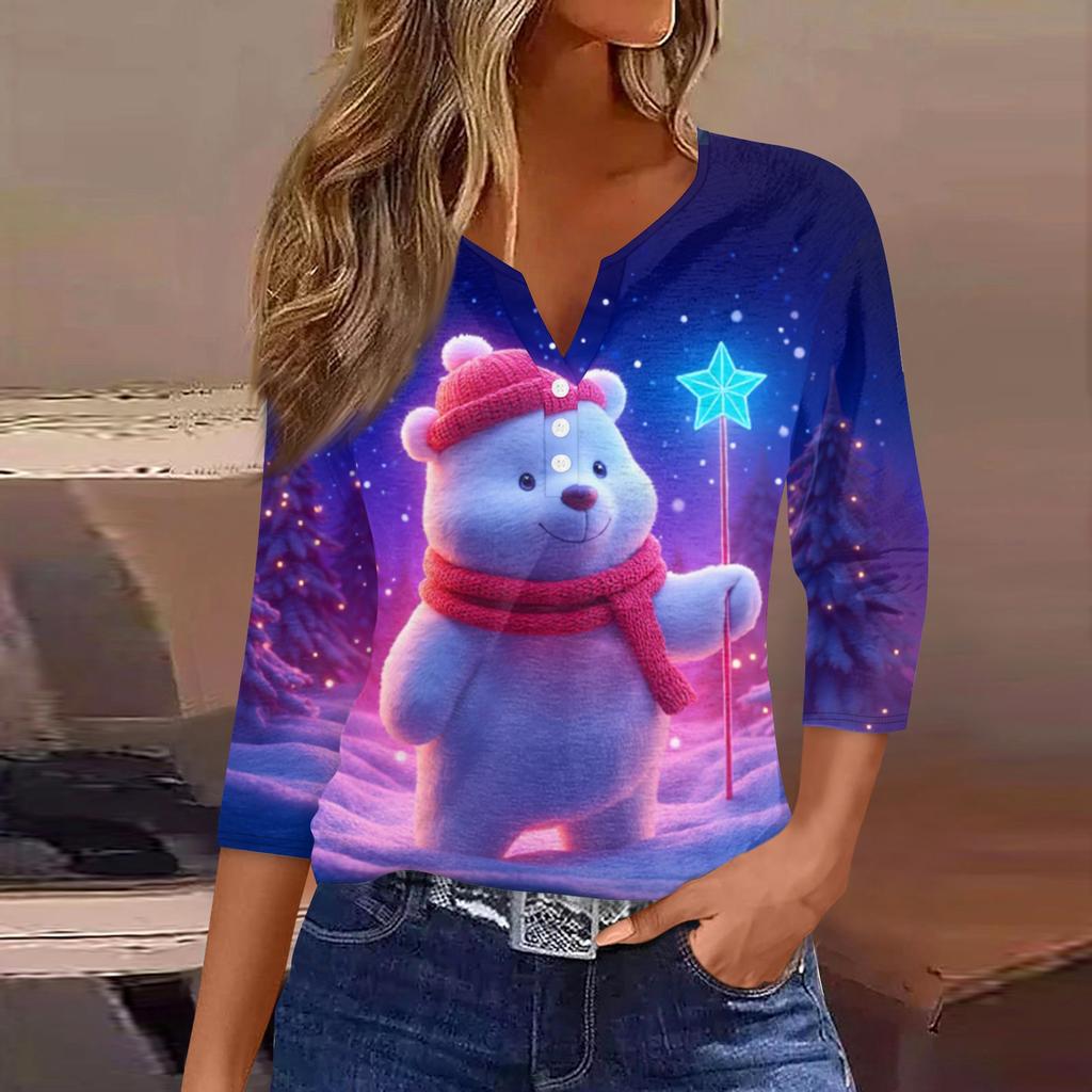 Women's Fashionable Casual Christmas Printed V-neck Three-quarter Sleeve Decorated Button Top