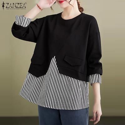 Женские осенние полосатые трикотажные толстовки с круглым вырезом и длинным рукавом