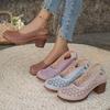 Fashion Summer New Women High Heel Sandals Comfortable Rubber Sole Shoes Large Size Roman Style Round Toe PU Leather Slip-On Sandals