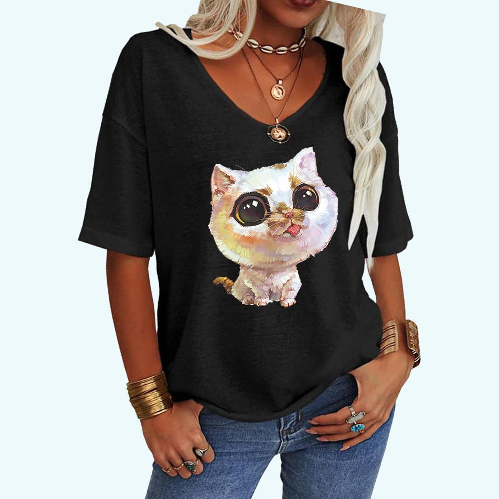 Женская модная футболка с принтом кота, летняя повседневная футболка с V-образным вырезом, свободная футболка с коротким рукавом