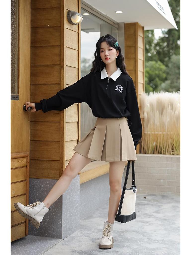 Женский пуловер с вышивкой в стиле ретро, с поло-воротником и застежкой-молнией до половины - Длинный рукав, Весна/Осень 2025