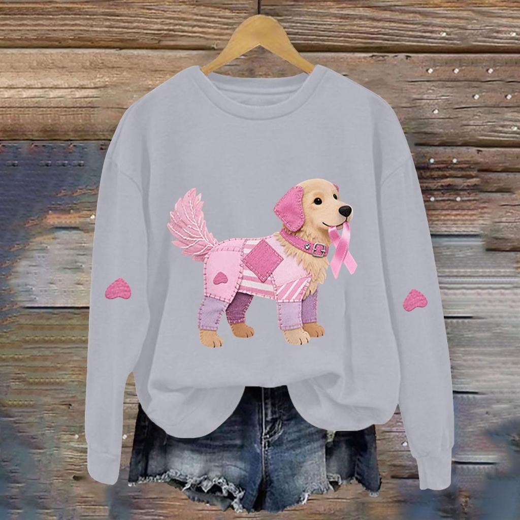 Breast  Sweatshirts For WomenRibbon Breast  Shirt Cute Dog Graphic  Long Sleeve Tops