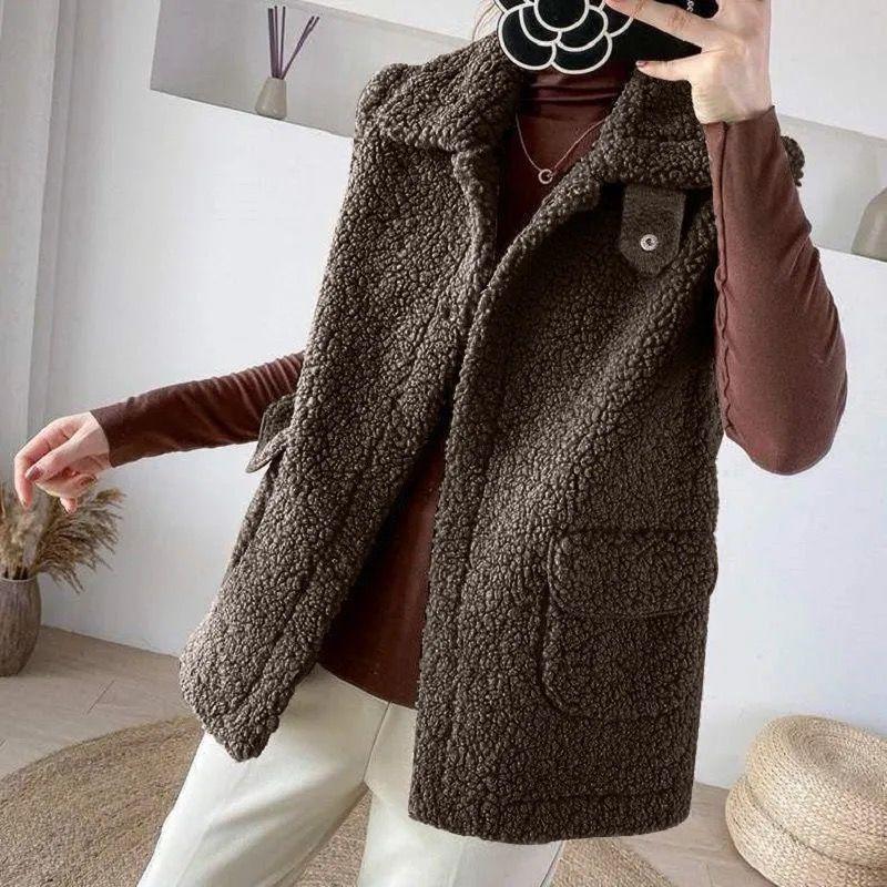 Зимний жилет, куртки из овечьей шерсти, утолщенный теплый жилет, женский отложной воротник, скрытые карманы на пуговицах, верхняя одежда, пальто без рукавов