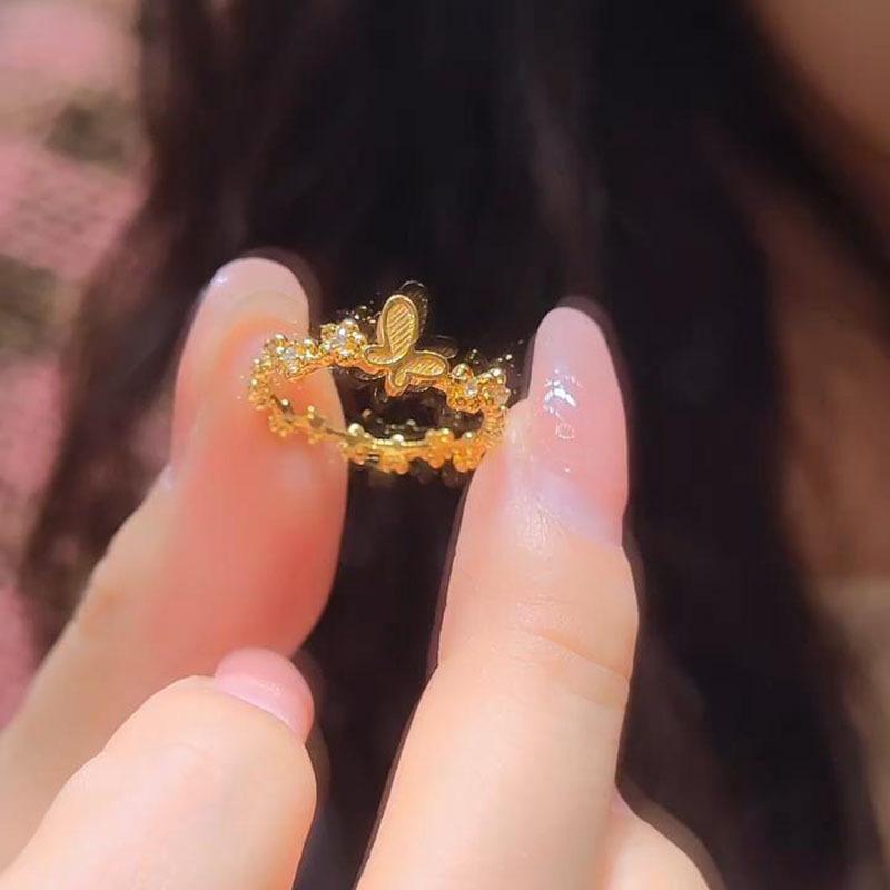 Кольцо с цветком и бабочкой из древнего золота 24 карат, женское, легкая роскошь, высокое качество, модное, изысканное, универсальное ювелирное изделие для женщин