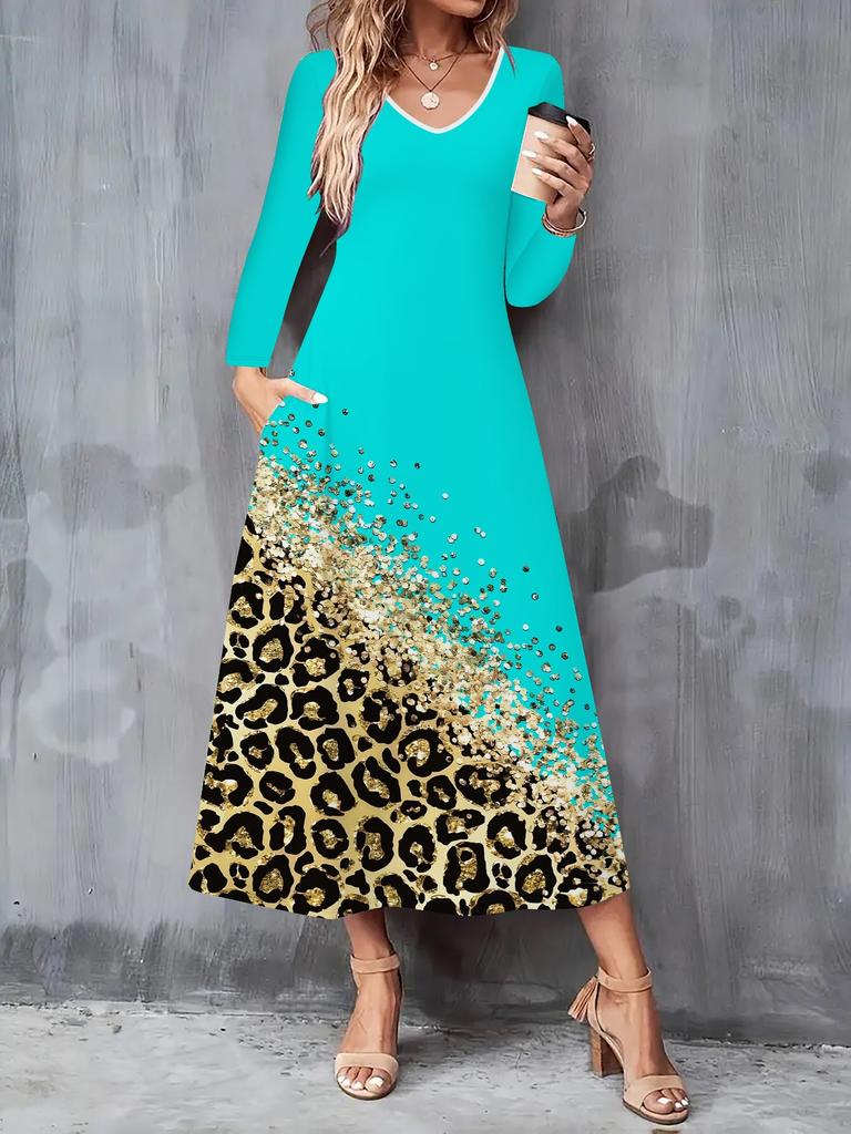 2025 Осень и Зима Новое Женское Повседневное Модное Платье Осень 3D Леопардовый Принт Длинный Рукав V-образный Вырез А-силуэт Платья