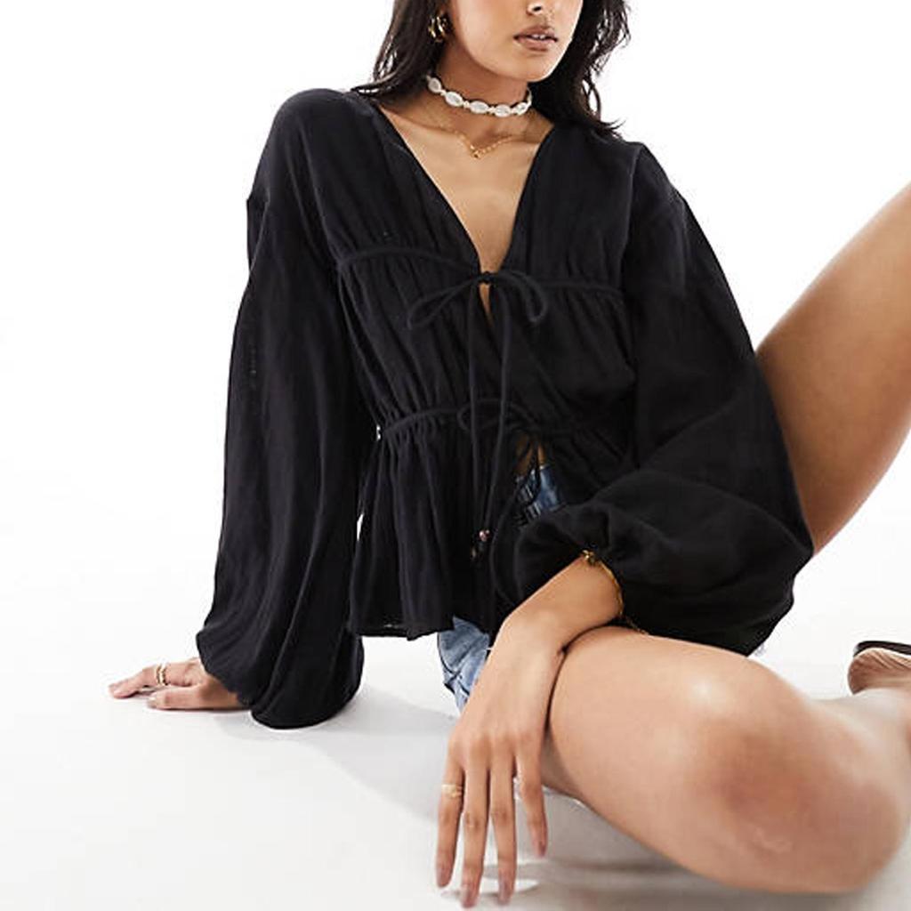 2024 Женская летняя рубашка с драпировкой, спущенным плечом и длинным рукавом