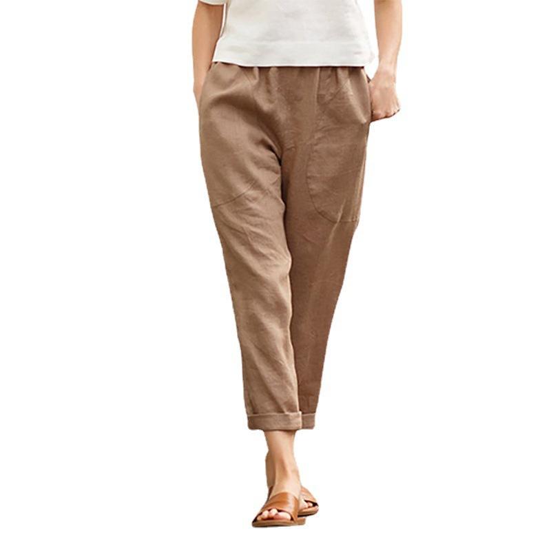 Women's Solid Color Comfortable Cotton and Linen Casual Pants Straight Trousers