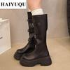 Platform Flats Women Knee High Boots Leather Shoes Luxury Brand  Winter New Fashion Chelsea Boots Motorcycle Zip Botas Mujer