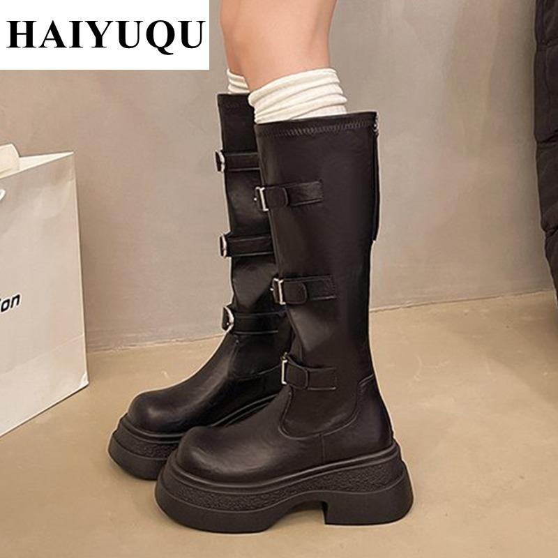 Platform Flats Women Knee High Boots Leather Shoes Luxury Brand  Winter New Fashion Chelsea Boots Motorcycle Zip Botas Mujer