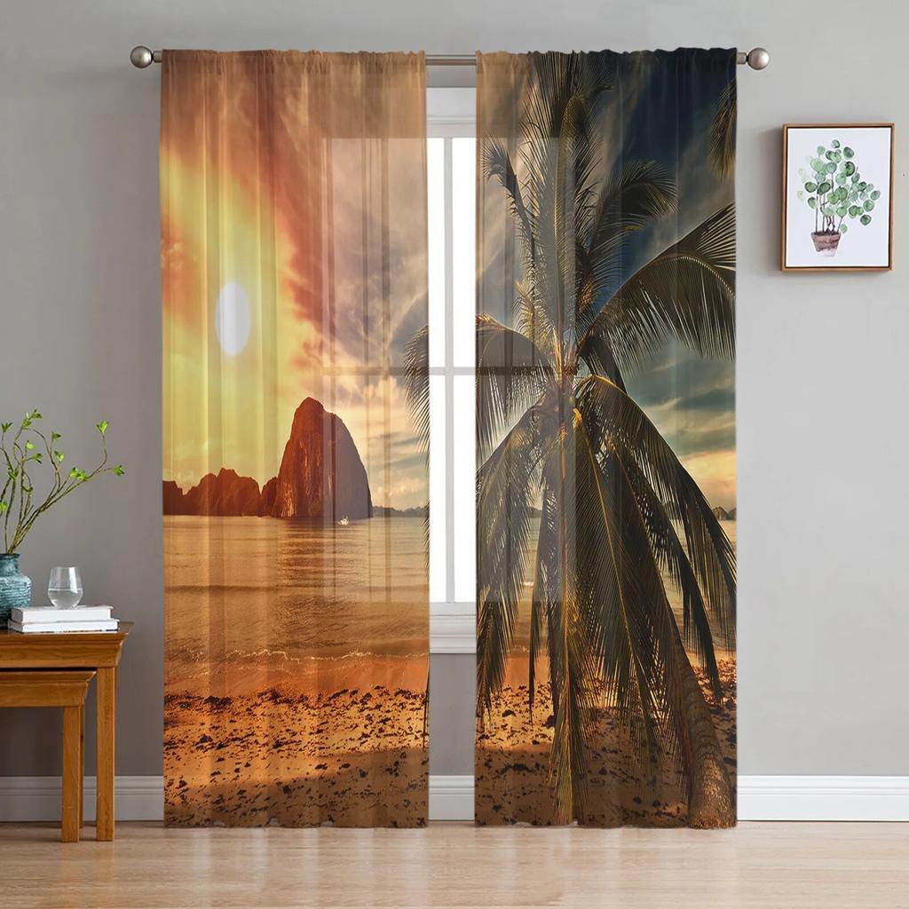 Modern Sheer Curtains Summer Beach Palm Trees Living Room Kitchen Children's Room Decoration Household Chiffon Window Curtains