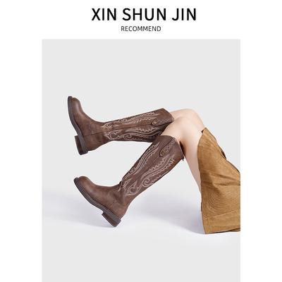 Вышивка V-образный вырез~ Женские осенне-зимние новые ковбойские сапоги, задняя молния, низкий каблук, высокие сапоги, ретро рыцарские сапоги