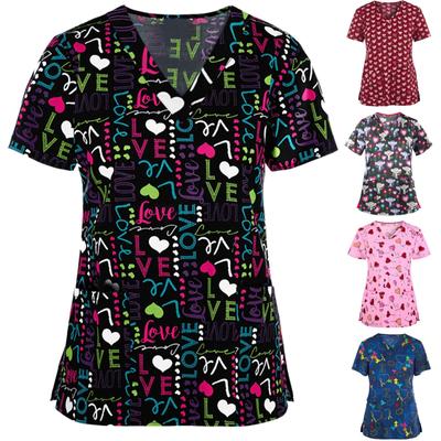 Женские топы с короткими рукавами и V-образным вырезом с мультяшным узором, рабочие футболки