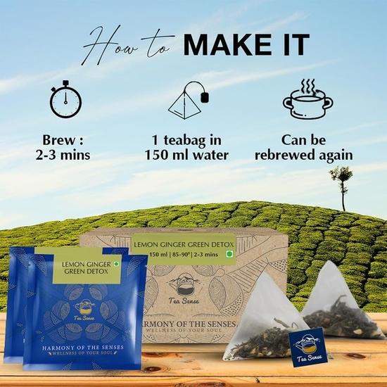 TEA SENSE Lemon Ginger Green Detox | 15 Pc | Pyramid Tea Bags In Sealed Pouches | Green Tea with Lemon and Ginger | Revitalising | Can Be Rebrewed