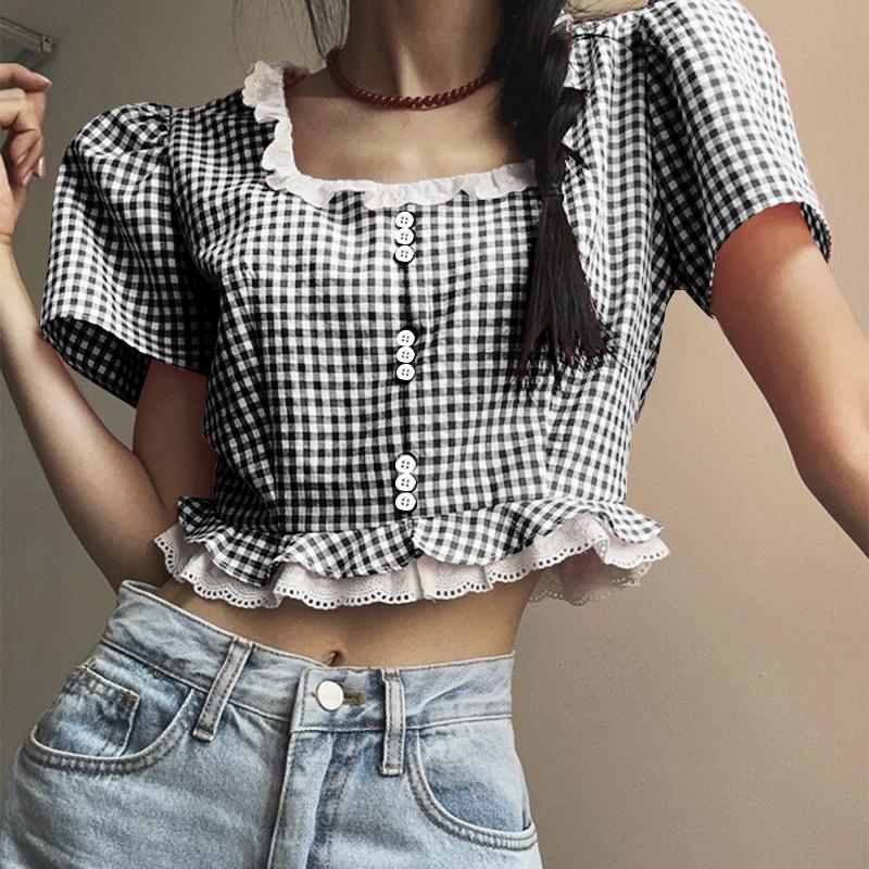 VONDA Женские летние кружевные блузки с квадратным вырезом в клетку с коротким рукавом и пузырьками
