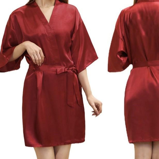 Женская атласная ночная сорочка кимоно - Глянцевый, однотонный, короткий летний халат