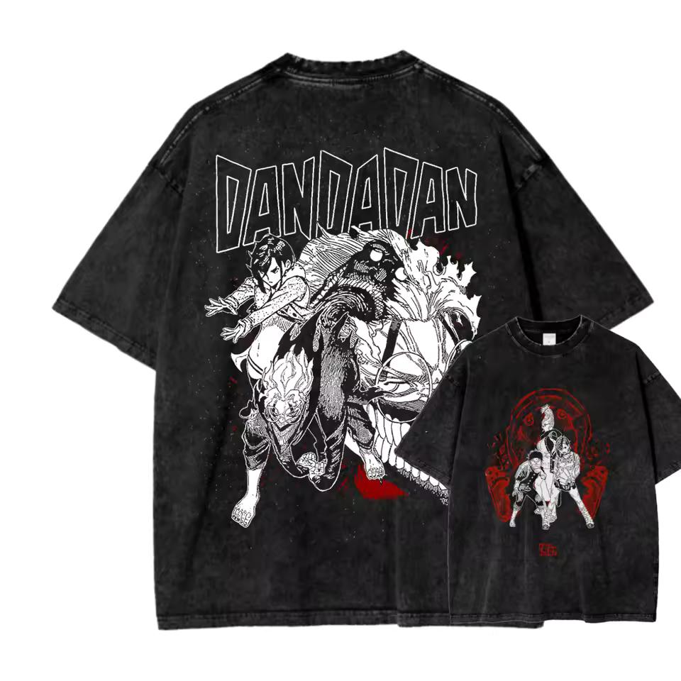 Acid Washed Dandadan Graphic Print T-shirt Oversized Men Women Japanese Funny Anime CottonShort Sleeve Casual Loose Clothing Tee