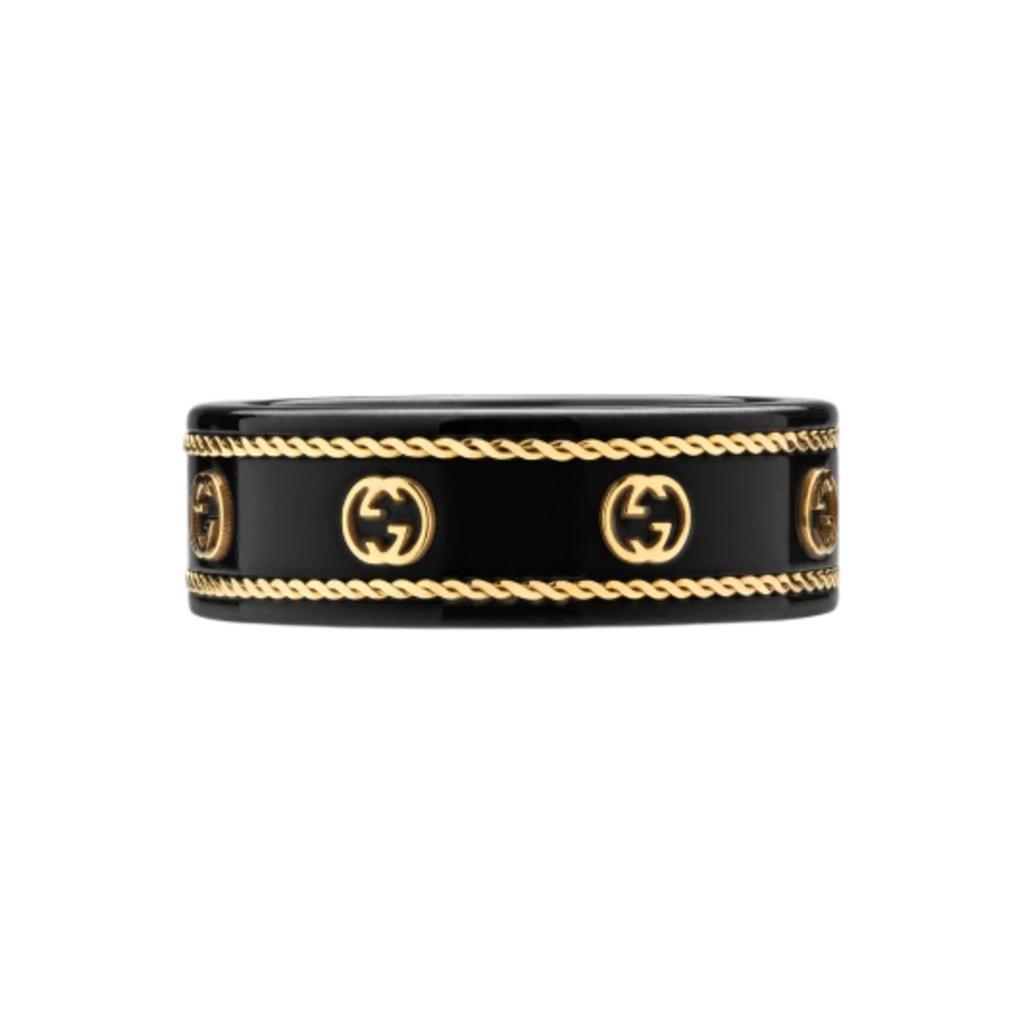 Gucci Кольцо унисекс Icon с переплетающимися двойными G, глянцевое, 18 каратное золото, синтетический сапфир, Черный 606826-I0H11-8029