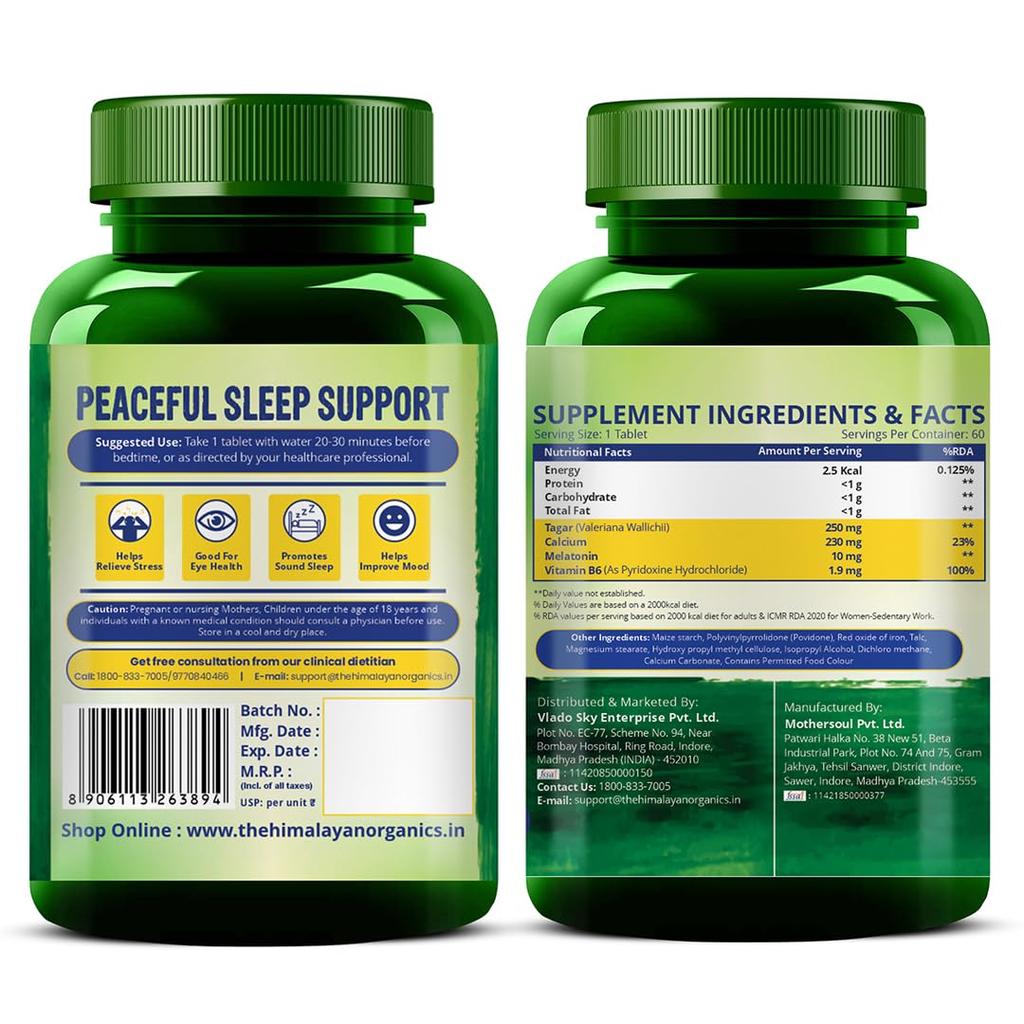 Vlado’s Himalayan Organics Melatonin 10Mg + Tagar 250Mg Supplement With Vitamin B6 & Calcium 60 Tablets Restful Sleep