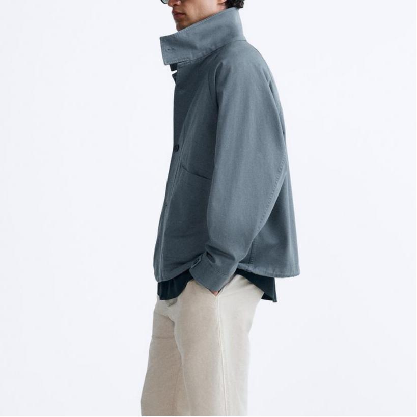 Zara Однотонная повседневная рабочая одежда с потертостями и высоким воротом, с длинным рукавом, мужская куртка, синяя 0706106-400