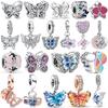 925 Sterling Copper Blue Yellow Murano Glass Zircon Butterfly Style Pendant Beads Fit Original Pantaro Charms Bracelet Zircon