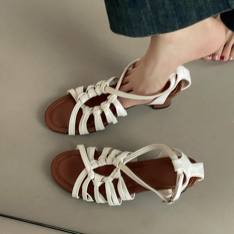 French Retro Style Round Head Elegant Thick Heel High Heel Single Shoes Summer Commute Cross After Strap Girls Roman Sandals