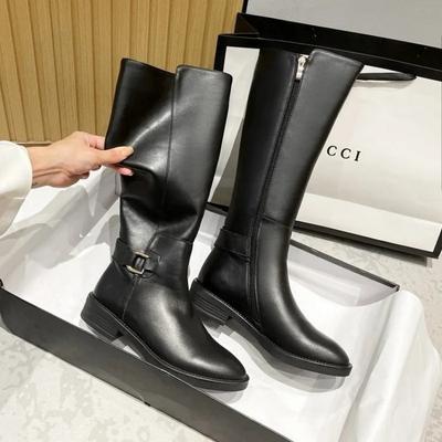 Кожаные женские длинные сапоги длиной до колена с молнией сбоку и толстым каблуком, плюшевые однотонные узкие и высокие рыцарские сапоги