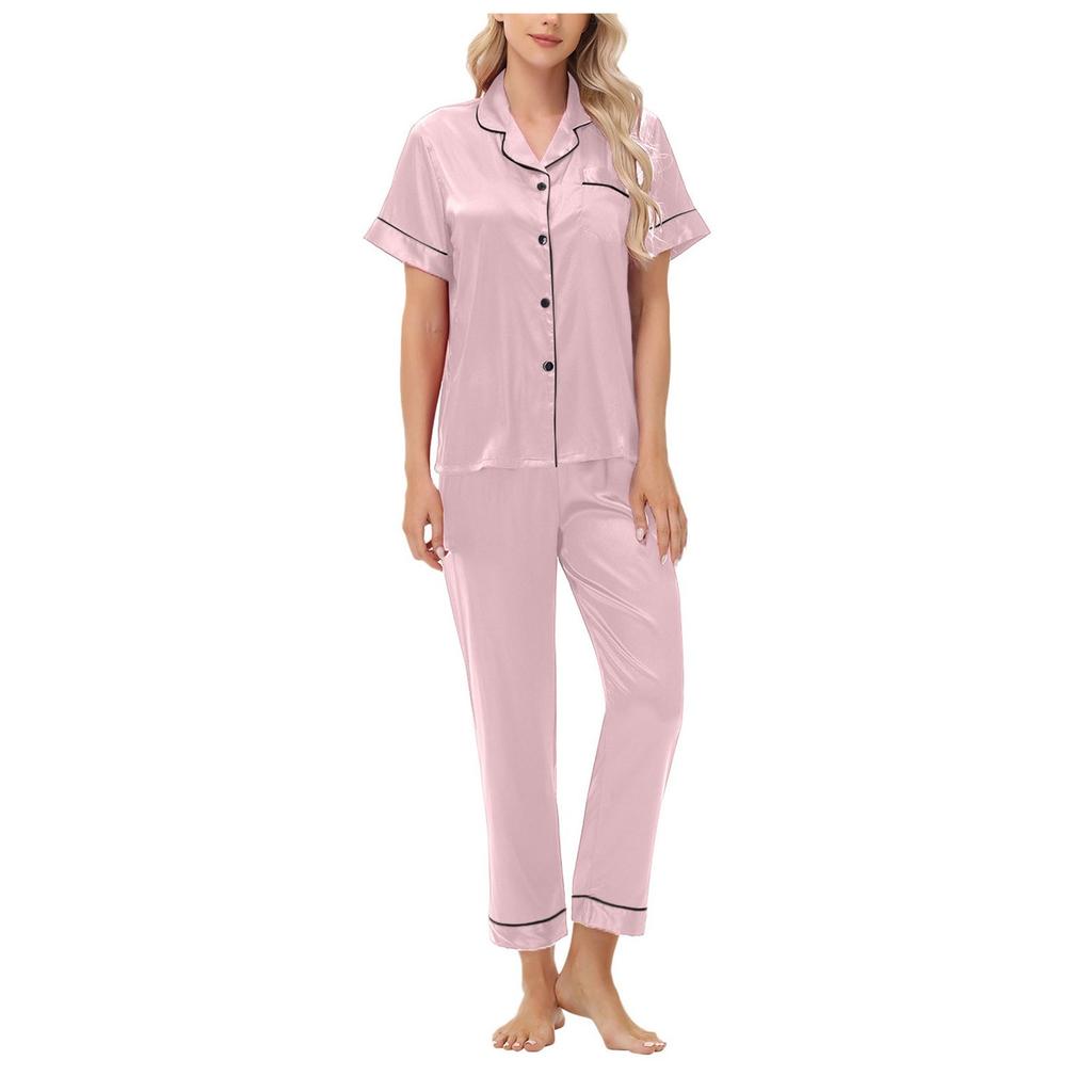 Ice Silk Satin Suit Short Sleeves And Long Pants Plus Size Ladies Home Clothes