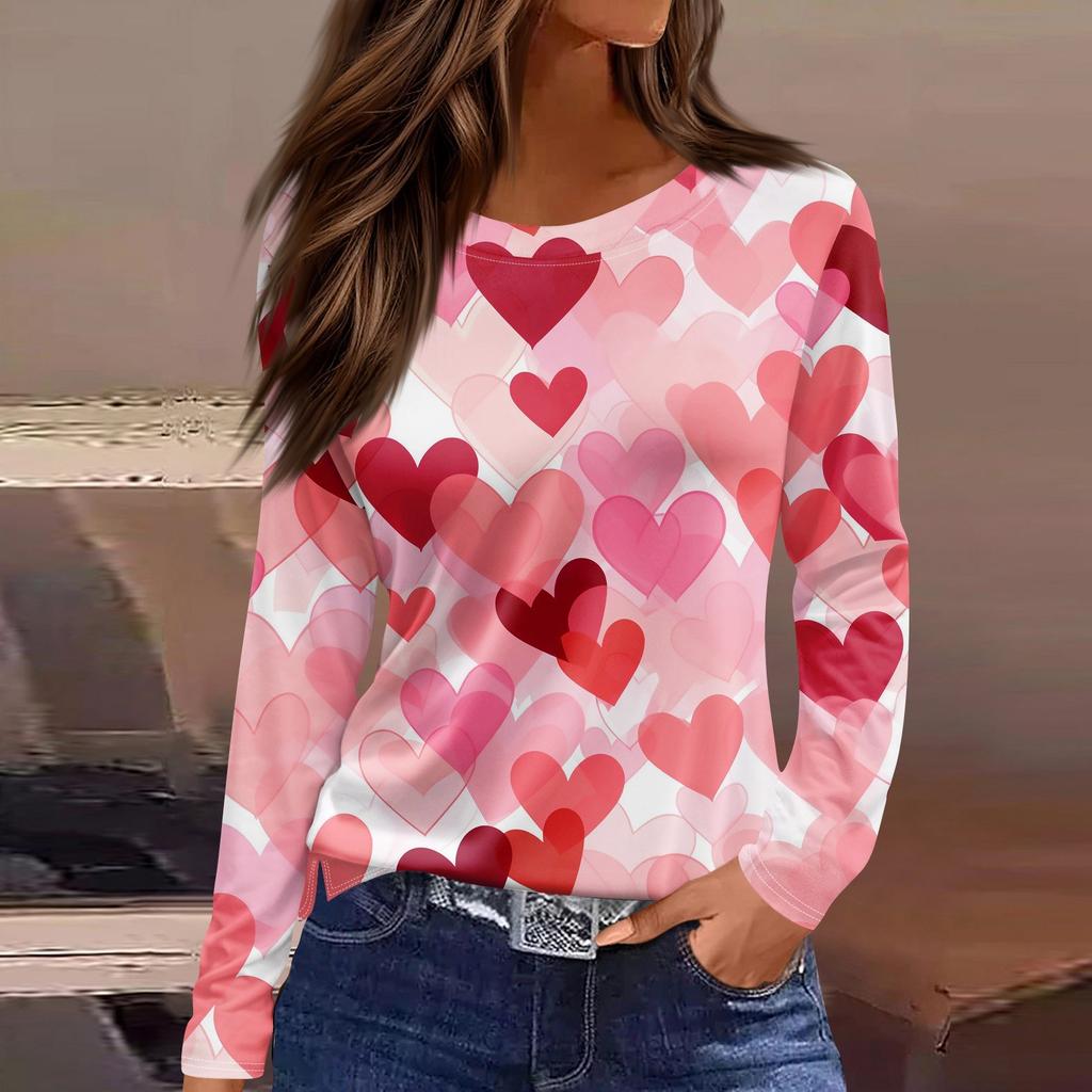 Женская модная повседневная футболка с разрезом и круглым вырезом, длинным рукавом, с принтом ко Дню святого Валентина, женская футболка