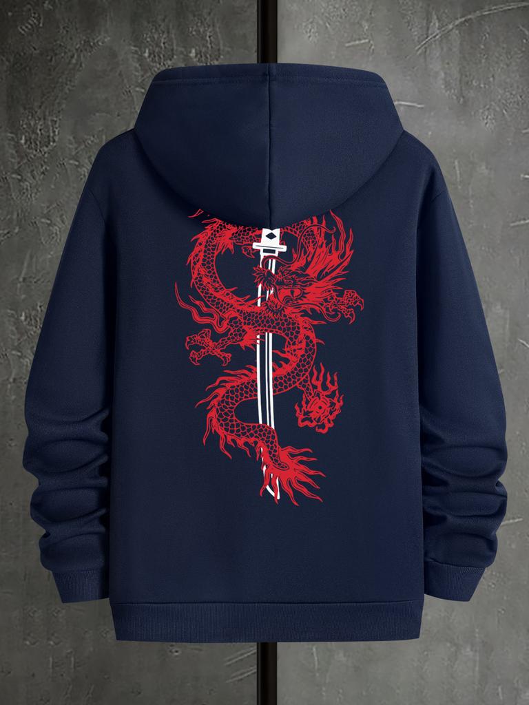 Vintage Black Hooded Sweatshirt with Back Red Dragon Wrapping Katana Sword Graphic Print